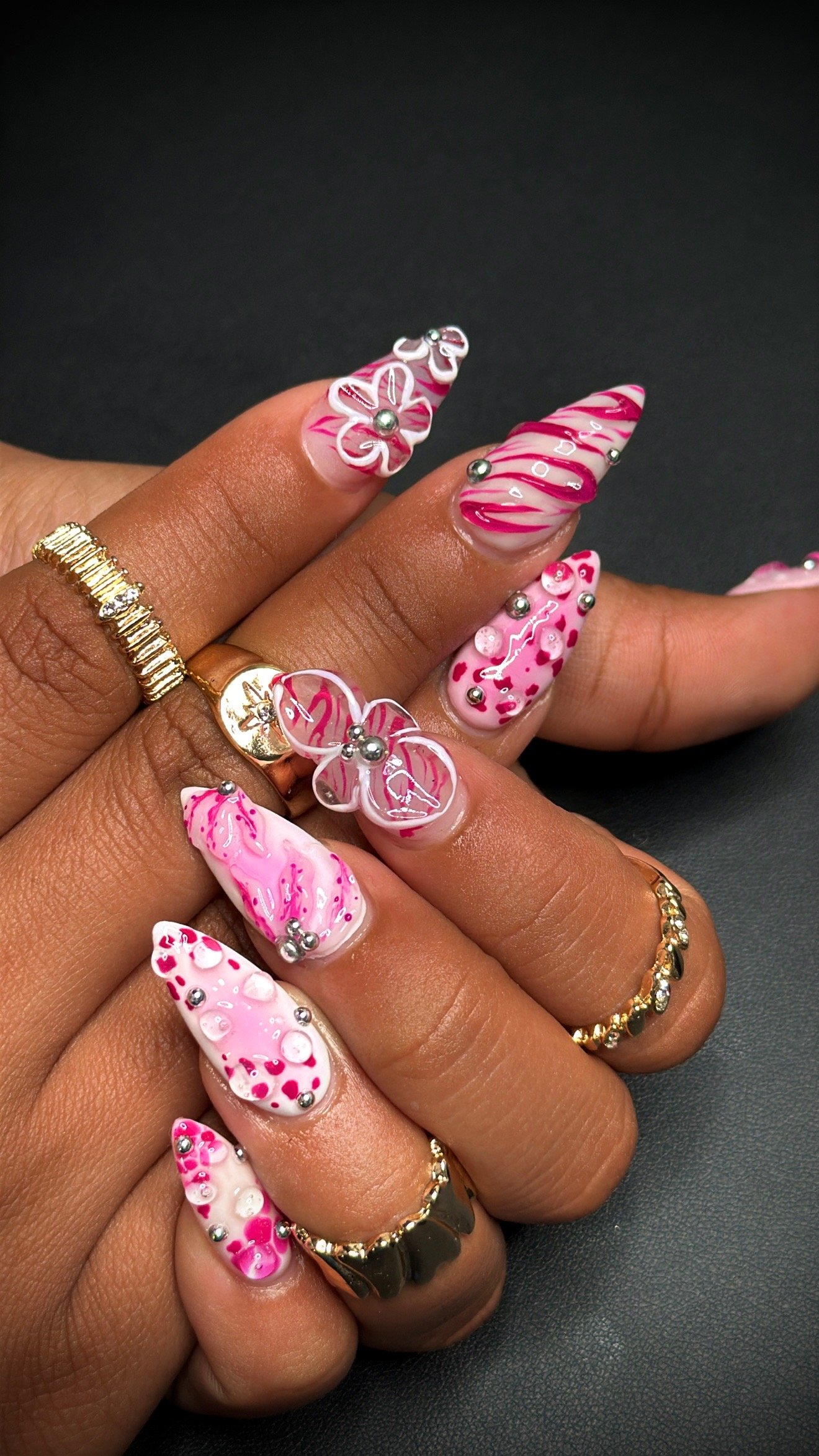 Pink and white floral sculpted nails by Purebeyoutybar