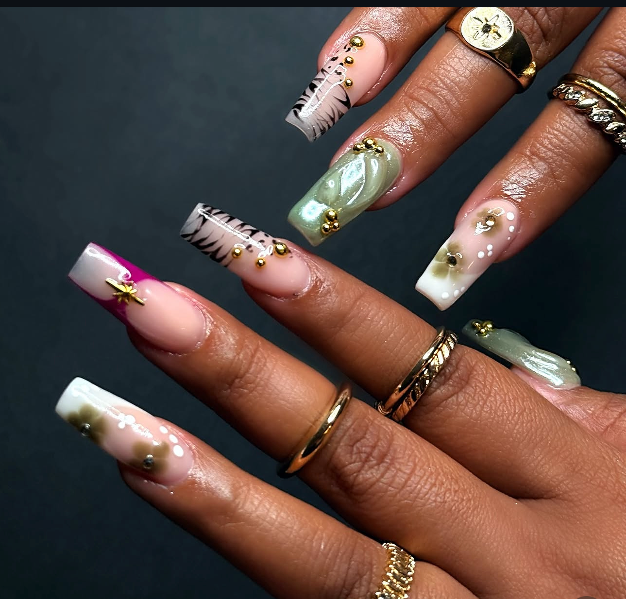 Blush, sage, and gold custom nail set by Purebeyoutybar