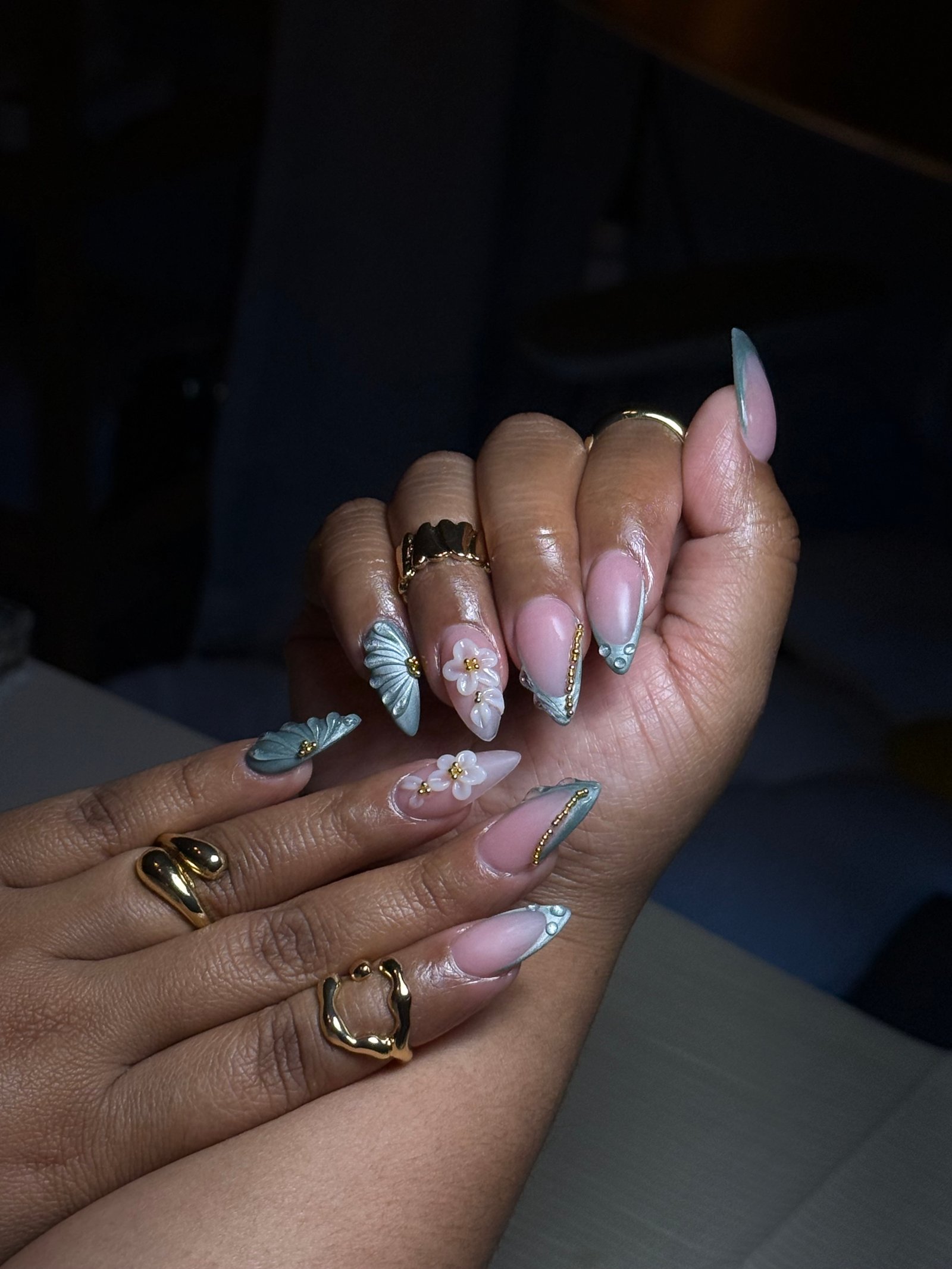 Sage French tips with flowers by Purebeyoutybar